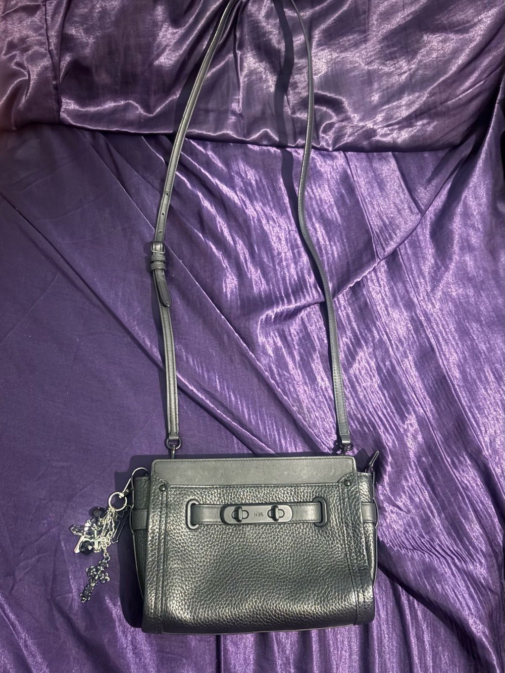 Coach Crossbody Swagger Black Pebbled Bag With Zip Closure & Gunmetal Hardware